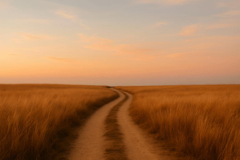 A single winding path through tall golden grass at sunset, symbolizing gentle boundaries and choosing an authentic direction.