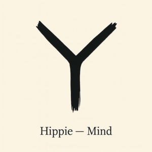 Minimal line-art split path symbol representing perception and open-minded awareness, with “Hippie — Mind” centered below.