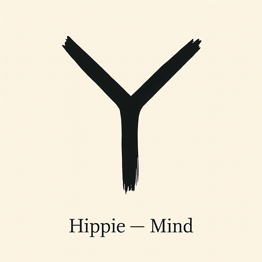 Minimal line-art split path symbol representing perception and open-minded awareness, with “Hippie — Mind” centered below.