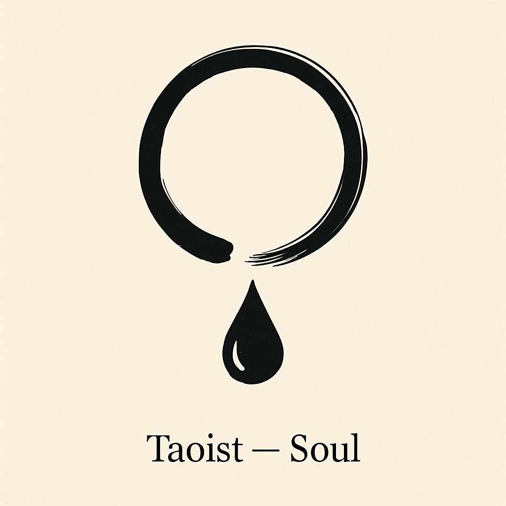 Minimal circle and droplet line-art symbol representing stillness, breath, and inner understanding, with “Taoist — Soul” centered below.