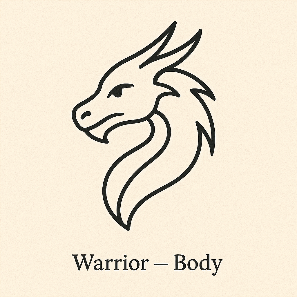 Minimal line-art dragon head representing strength, discipline, and embodied action, with “Warrior — Body” centered below.