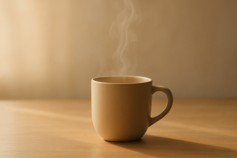 A simple warm cup on a clean surface with soft rising steam in warm natural light.