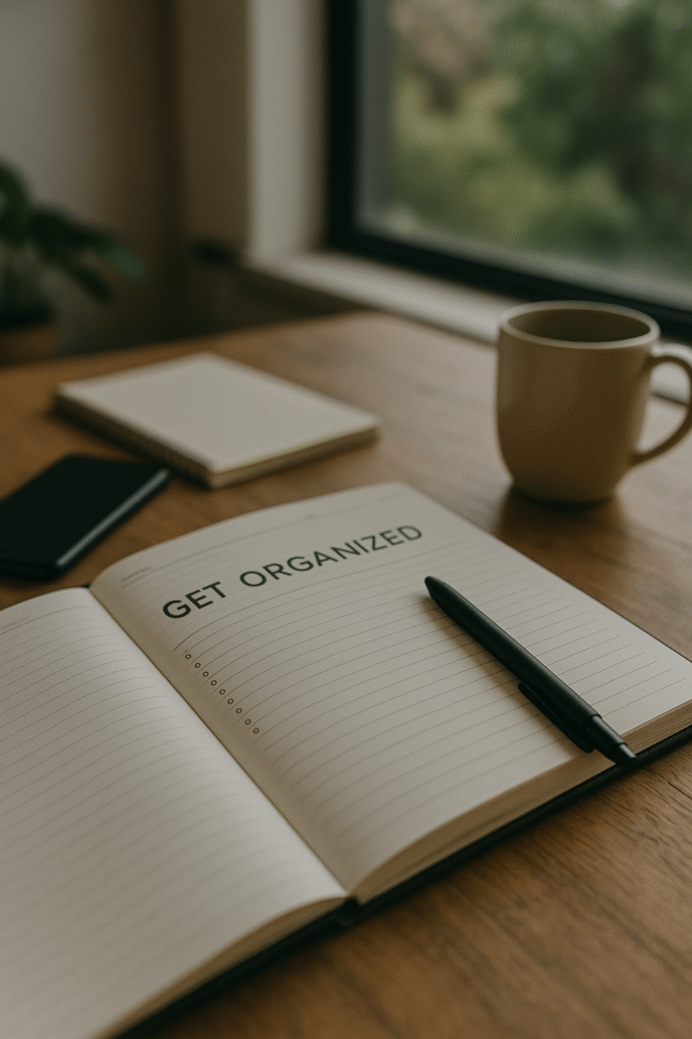 Open planner with “Get Organized” written on the page, pen resting on top, and a warm wooden desk with coffee and notebook nearby.